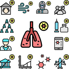 Infected lungs, coronavirus icon in a collection with other items