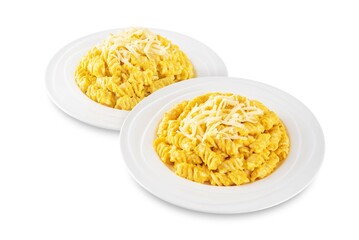 Pumpkin cream sauce pasta on a white isolated background