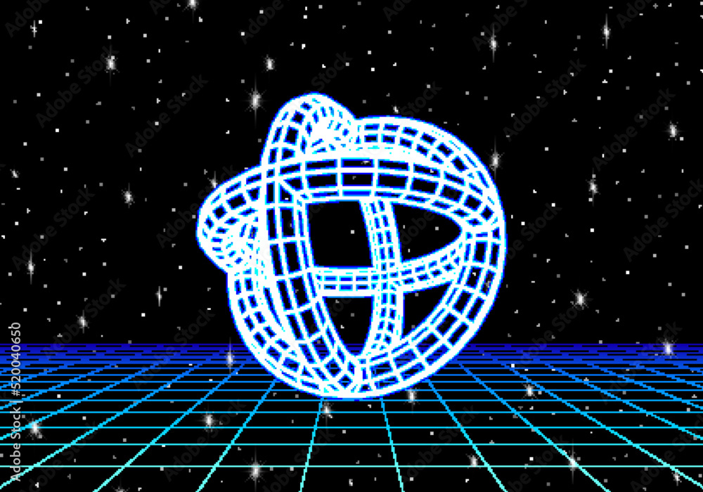 Poster abstract neon shapes in retro space. 80s or synthwave styled neon objects in virtual universe. shiny