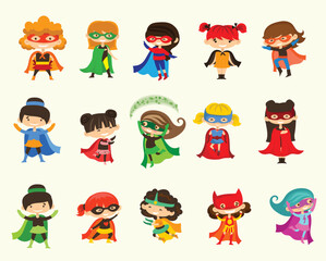 Vector illustrations of female and male kids superheroes in funny comics costume