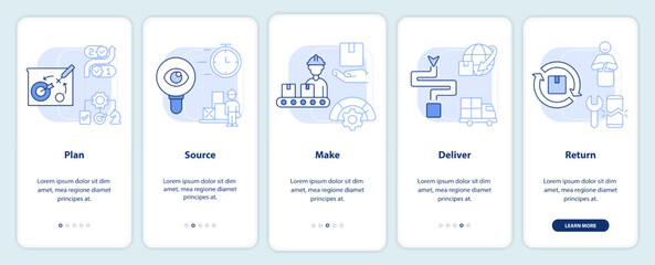 Supply chain management parts light blue onboarding mobile app screen. Walkthrough 5 steps editable graphic instructions with linear concepts. UI, UX, GUI template. Myriad Pro-Bold, Regular fonts used