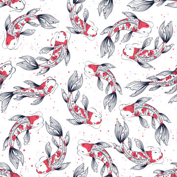Vector seamless pattern with koi fishes, japanese carps. Red, blues, white