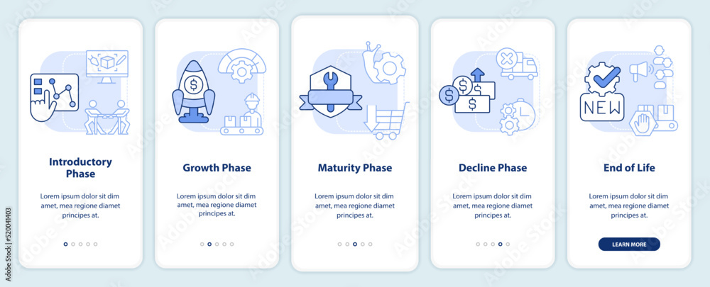 Poster stages of product lifecycle light blue onboarding mobile app screen. walkthrough 5 steps editable gr