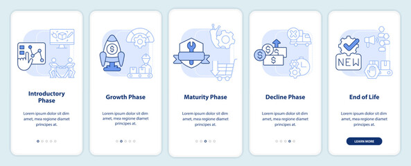 Stages of product lifecycle light blue onboarding mobile app screen. Walkthrough 5 steps editable graphic instructions with linear concepts. UI, UX, GUI template. Myriad Pro-Bold, Regular fonts used