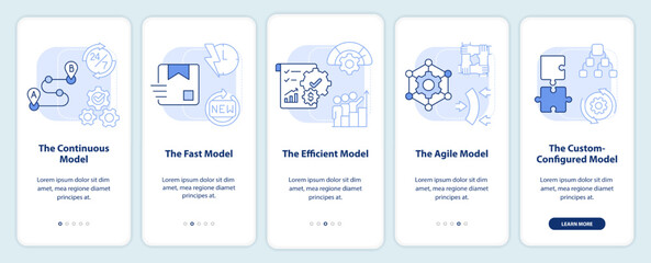 Supply chain models light blue onboarding mobile app screen. Industry walkthrough 5 steps editable graphic instructions with linear concepts. UI, UX, GUI template. Myriad Pro-Bold, Regular fonts used