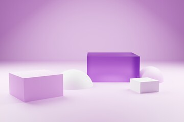 Column podiums in bright purple color. Mock up scene to show products. Showcase, shopfront, display case. 3d render.