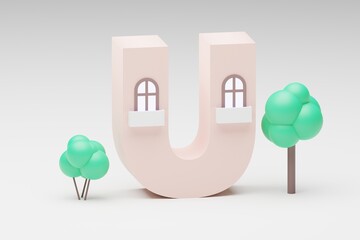 3d alphabet, letters shape made of tiny house on grey background, 3d render, letter U
