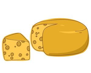 Cheese realistic vector objects isolated on white background. A head of yellow cheese with a sliced ​​piece. Dairy. Vector illustration, hand drawn or doodle style.
