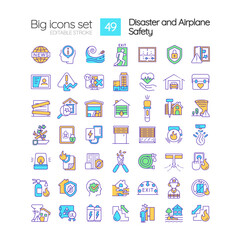 Disaster and airplane safety RGB color icons set. House protection. Safety measures. Isolated vector illustrations. Simple filled line drawings collection. Editable stroke. Quicksand-Light font used