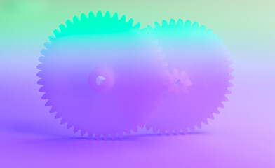 Blue and purple gears on the colorful background - compilation, concept, abstract.