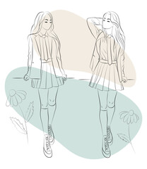 Vector illustration set of a teenage girl sitting, leaning on a desk or railing. Schoolgirl in student uniform: shirt, jacket, tie, pleated skirt, stockings, sneakers. 