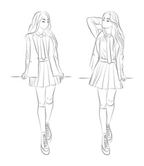 Vector illustration set of a teenage girl sitting, leaning on a desk or railing. Schoolgirl in student uniform: shirt, jacket, tie, pleated skirt, stockings, sneakers.