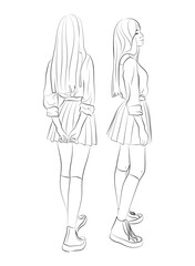 Vector illustration set of a teenage girl sitting, leaning on a desk or railing. Schoolgirl in student uniform: shirt, jacket, tie, pleated skirt, stockings, sneakers.