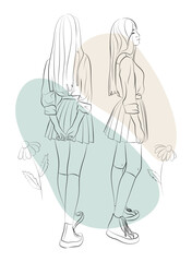 Vector illustration set of a teenage girl. Schoolgirl in student uniform: shirt,  tie, pleated skirt, stockings, sneakers. The background contains abstract elements and floral ornaments