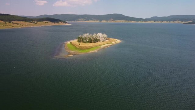 Aerial panoramic view of Island on a Batak Reservoir located in Bulgaria, Rhodopa Mountains