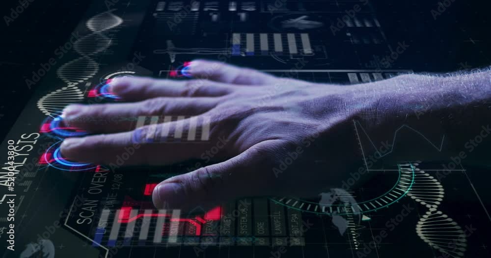 Poster animation of hands of caucasian man using touchscreen with diverse data