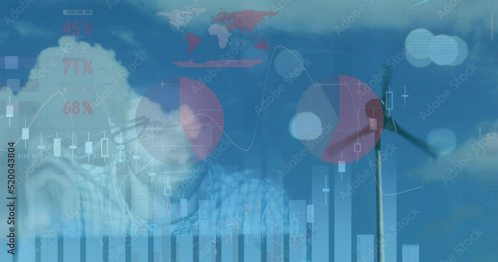 Aufkleber animation of graphs and data over wind turbine and caucasian man working
