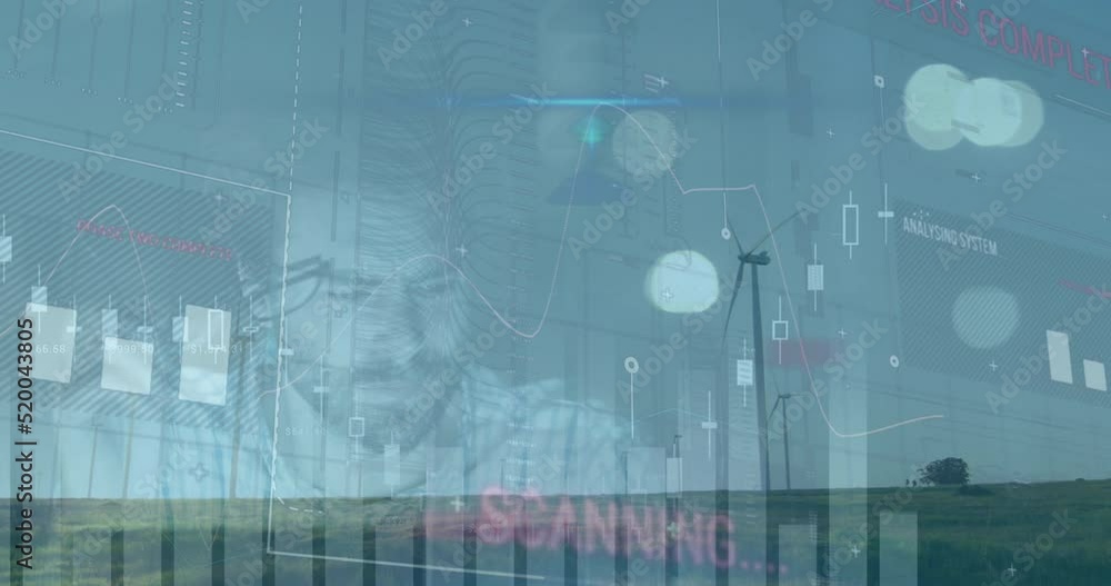 Poster animation of graphs and data over wind turbines and caucasian man working