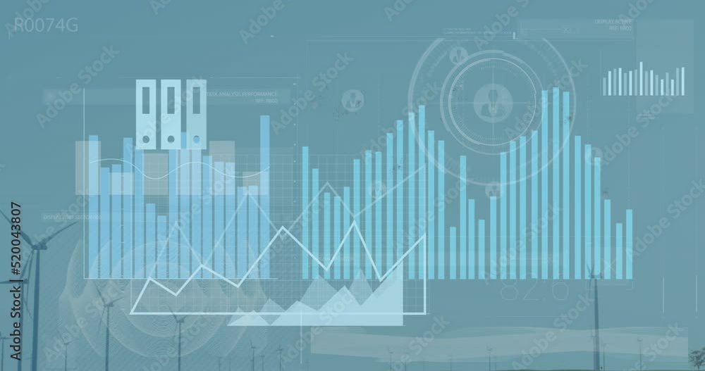 Poster animation of graphs and data over wind turbines