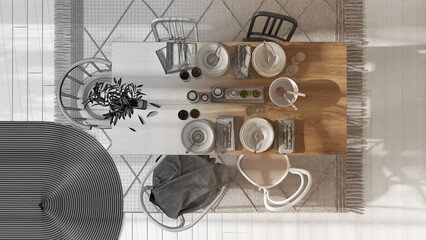Architect interior designer concept: hand-drawn draft unfinished project that becomes real, dining table with table setting. Jute carpet. Scandinavian boho. Top view, plan, above