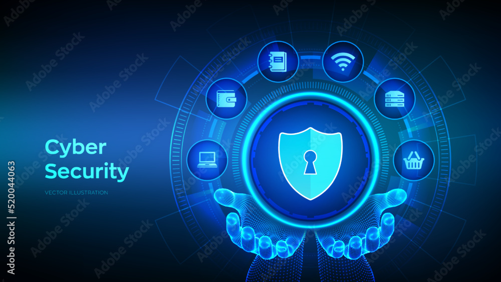 Poster cyber security. data protection business concept on virtual screen. shield protect icon in wireframe