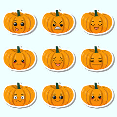 Set of stickers orange pumpkin with kawaii emotions. Flat vector illustration of a pumpkin with emotions On a white background.