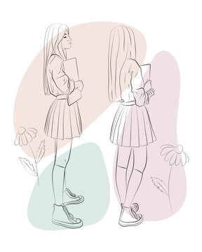 Vector illustration set of a teenage girl. Schoolgirl in student uniform with a textbook or laptop in her hands. The background contains abstract elements and floral ornaments