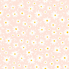 Chamomile floral mille fleur seamless pattern on pink background. Small summer flowers in simple scandinavian cartoon doodle style perfect for textile, wallpaper, fabric.