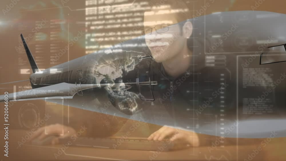 Poster animation of data processing and caucasian man using computer over plane