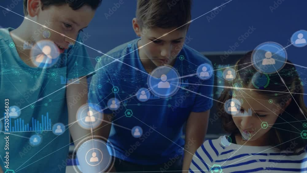 Poster animation of data processing and media icons over caucasian schoolchildren learning
