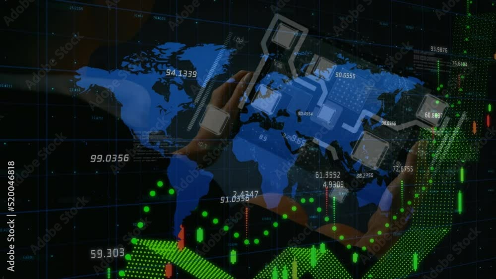 Poster animation of data processing and world map over caucasian woman using tablet