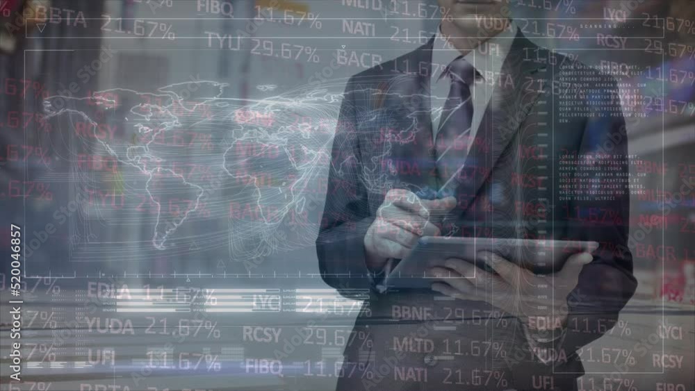 Poster animation of data processing with world map over caucasian businessman using tablet and cityscape