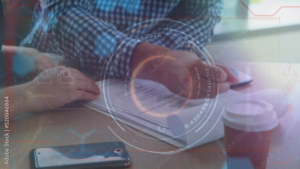 Poster animation of data processing and scope scanning over diverse business people at meeting