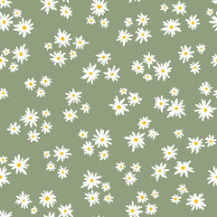 Chamomile floral mille fleur seamless pattern on green background. Small summer flowers in simple scandinavian cartoon doodle style perfect for textile, wallpaper, fabric.