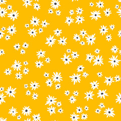 Chamomile floral mille fleur seamless pattern on yellow background. Small summer flowers in simple scandinavian cartoon doodle style perfect for textile, wallpaper, fabric.