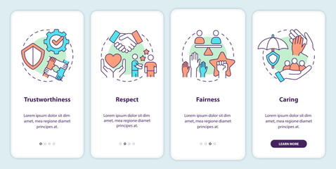 Fototapeta premium Types of business ethics onboarding mobile app screen. Respect, caring walkthrough 4 steps editable graphic instructions with linear concepts. UI, UX, GUI template. Myriad Pro-Bold, Regular fonts used