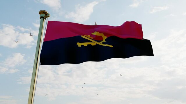 3840x2160. Flag of Angola waving in the wind, sky and sun background. Angola Flag 3d animation.