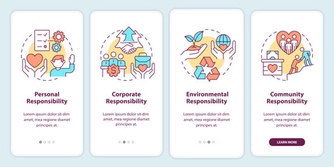 Social responsibilities onboarding mobile app screen. Environmental walkthrough 4 steps editable graphic instructions with linear concepts. UI, UX, GUI template. Myriad Pro-Bold, Regular fonts used