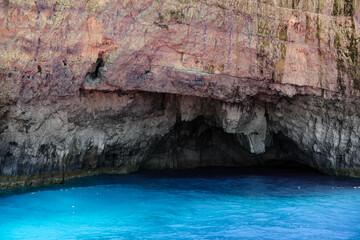 Blue caves in Zakynthos Ionian sea greek island in Greece, cave entrance