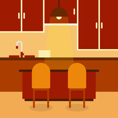 Red-orange dining room interior design. Vector illustration.