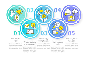 Energy efficiency at work blue circle infographic template. Data visualization with 5 steps. Editable timeline info chart. Workflow layout with line icons. Myriad Pro-Regular font used