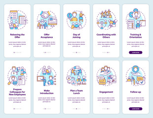 Developing employee integration onboarding mobile app screen set. Walkthrough 5 steps editable graphic instructions with linear concepts. UI, UX, GUI template. Myriad Pro-Bold, Regular fonts used