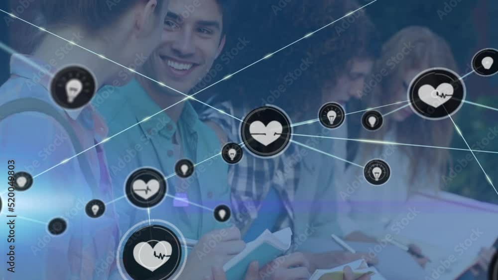 Poster animation of network of connections with icons over diverse group of students