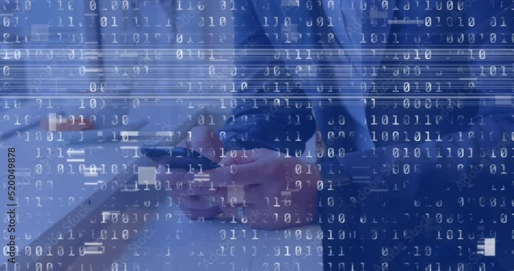 Aufkleber animation of interference and data processing over caucasian man using smartphone