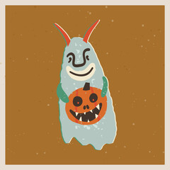 Halloween retro greeting card, poster. Odd horned ghost holding a spooky pumpkin with a creepy smile, burning red eyes.