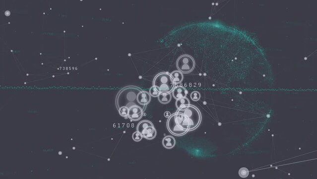 Animation of data processing and media icons over globe