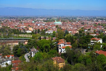 Fototapeta na wymiar VICENZA, ITALY -16 APR 2022- Landscape view of the Renaissance city of Vicenza, nicknamed City of Palladio, in Veneto, Italy, a UNESCO world heritage site.
