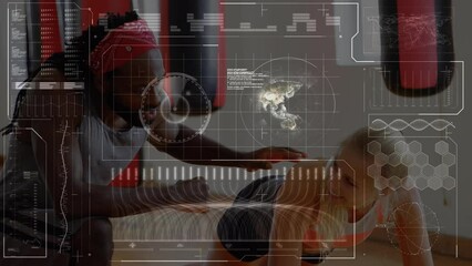 Animation of data processing over caucasian female boxer with african american coach at gym - Powered by Adobe