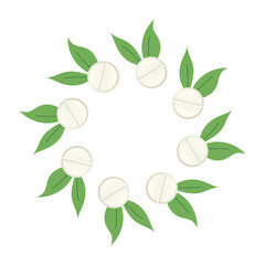 Alternative medicine. Herbal. Decorative circle with pills and leaves. Vector illustration isolated on white background.