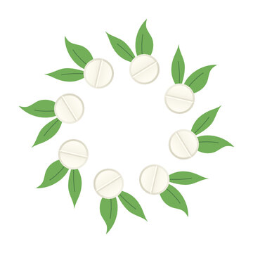 Alternative medicine. Herbal. Decorative circle with pills and leaves. Vector illustration isolated on white background.